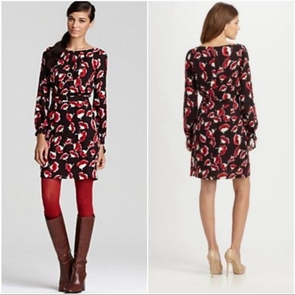 Milly Clemie Merlot Poppy Print Long Sleeve Silk Dress 2
